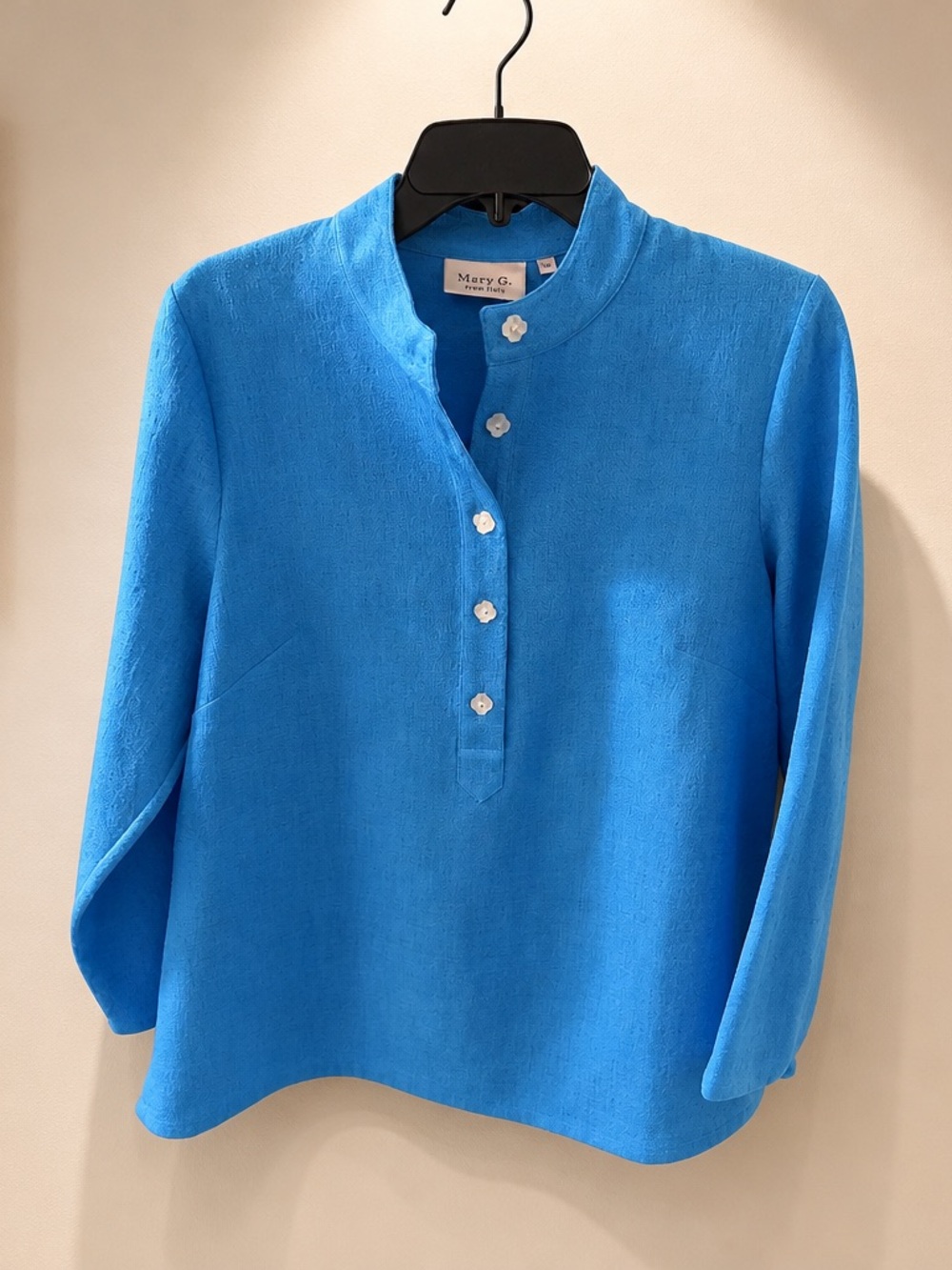 Blue Mandarin Collar Button Blouse